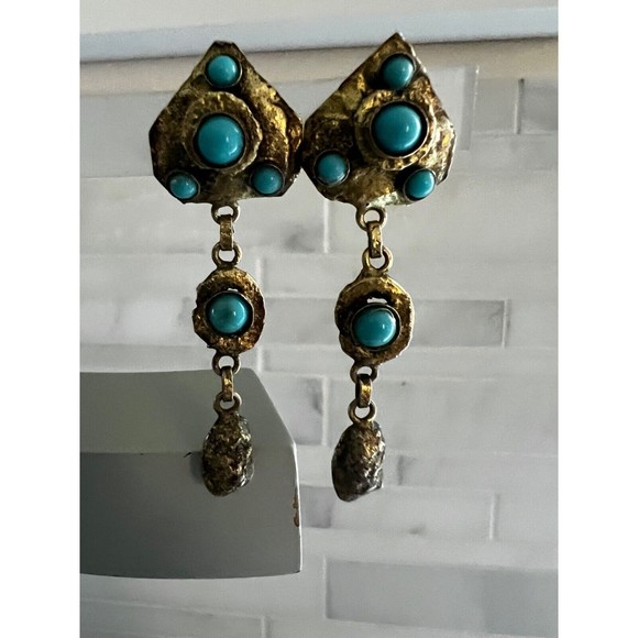 Vintage Mid Century HENRY PERICHON  Earrings Faux Turquoise  Gilt Bronze Rare - Picture 5 of 16